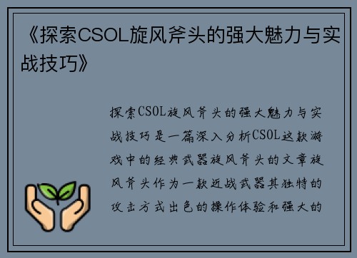 《探索CSOL旋风斧头的强大魅力与实战技巧》